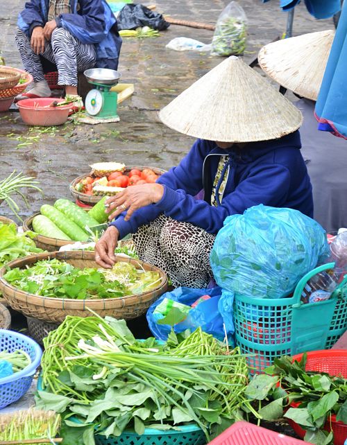Vietnamese lady wearing conical hat looks over green fresh vegetables showing what you can buy in Hoi An Central Market
