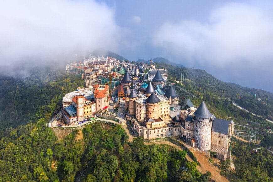 Ba Na Hills from above. This replica medieval French village theme park is entirely a modern construction