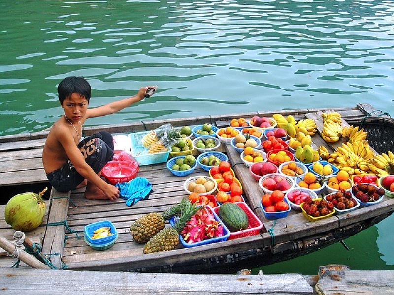 Image of a boy on a boat selling fruit